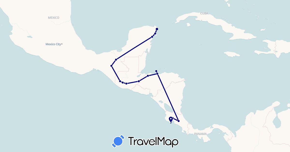 TravelMap itinerary: driving in Costa Rica, Guatemala, Honduras, Mexico (North America)